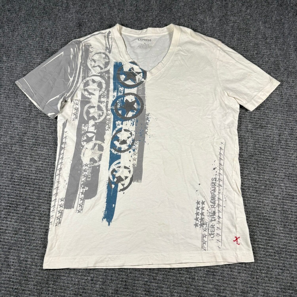 Express Graphic T-Shirt Mens M White Fair V-Neck Americana Stars Over Ramparts